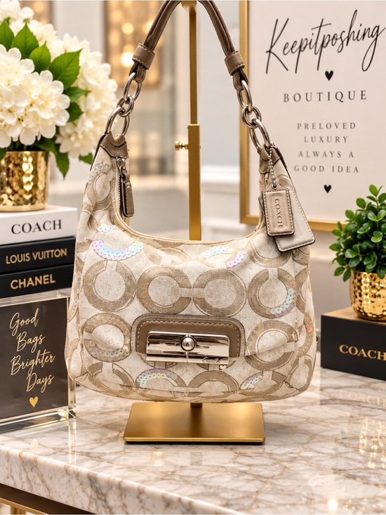 Coach Handbags - Coach Beige Signature Sequin Shoulder Bag with Taupe Trim
